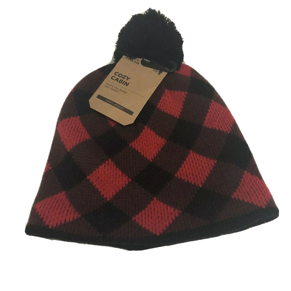 Field & Stream Womens Buffalo Check Plaid Hat Red Black Beanie Cap OS NWT